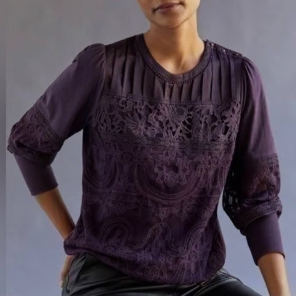 Tiny by Anthropologie Purple Lace Bohemian Mixed Media Romantic Blouse